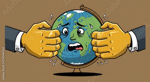 Cartoon Globe with Face Squeezed by Hands