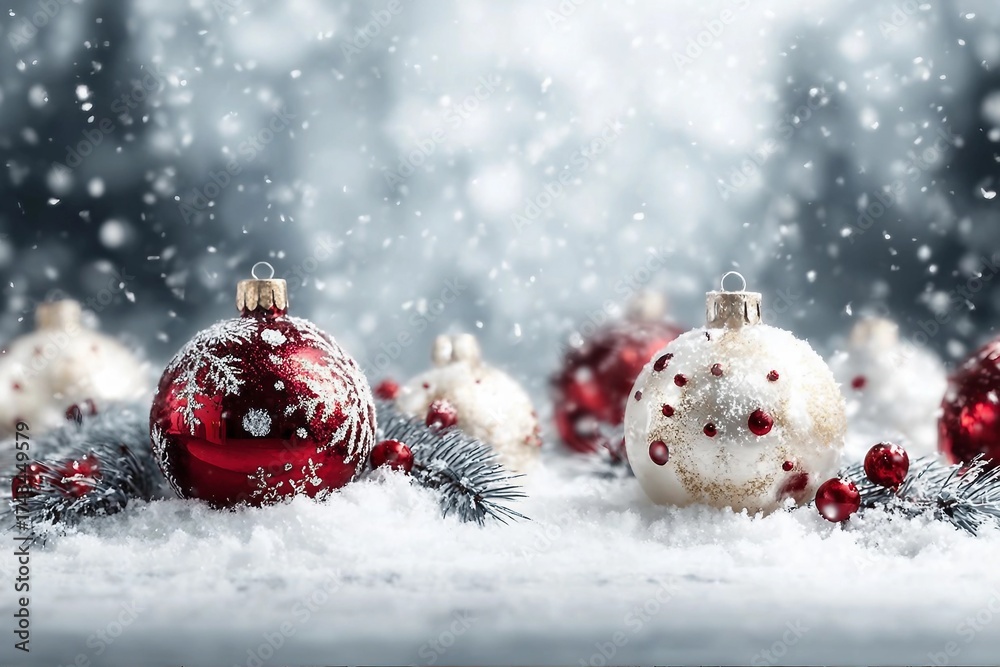 Fototapeta premium Merry Christmas - Baubles On Snow With Fir Branches