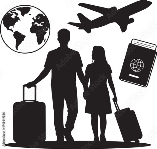 Black Silhouette of Couple Traveling with Suitcases Airplane Passport and Globe on White Background woman