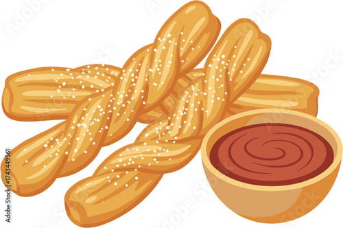 Cartoon Style Delicious Churro Stick with Chocolate Dip Dessert Illustration