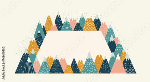 Colorful patterned mountain range frame with snow caps, forming a unique decorative border.