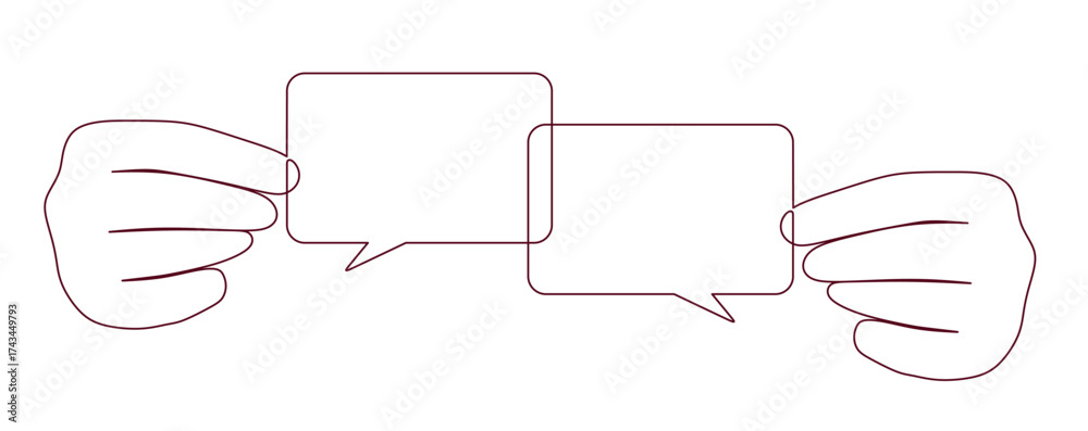 Obraz premium continuous line art of two hands holding two square speech bubbles for a dialogue