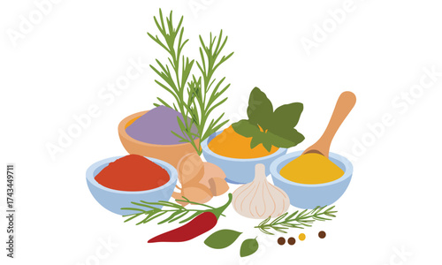 Colorful Spice and Herb Illustration – Chili, Garlic, Basil, and Seasoning Bowls