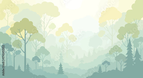Serene misty forest landscape illustration with layered trees and soft light.