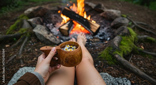 Person relaxes near campfire with wooden cup and firewood in nature