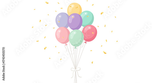 Vibrant pastel party balloons tied together with white strings, floating upwards.
