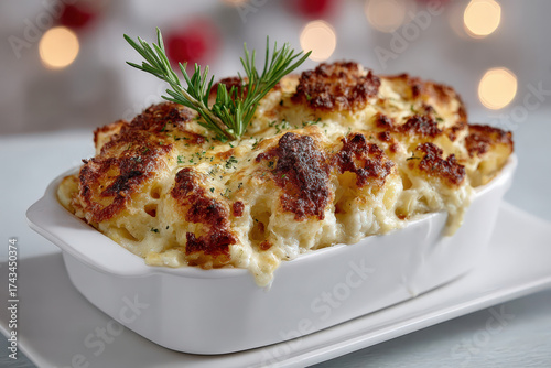 A golden-baked noodle kugel casserole topped with crispy edges and garnished with a sprig of rosemary served elegantly in a white baking dish