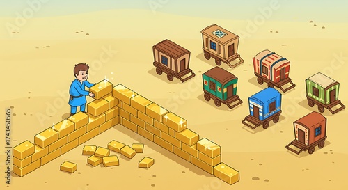 Brick Wall Construction with Man and Wagon