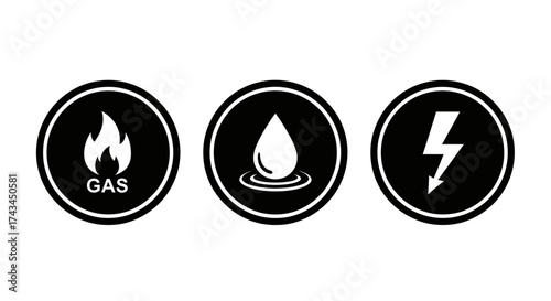 Set of utility icons gas, water, and electricity isolated on white background