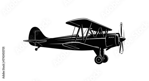 Line art illustration of a biplane isolated on white background