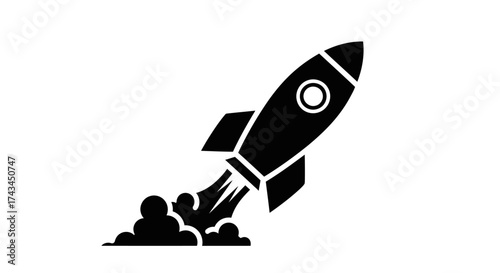 Black rocket ship launching with smoke isolated on white background