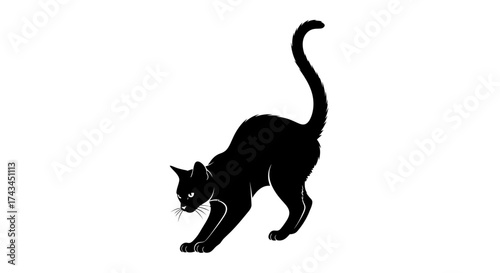 Black cat stretching isolated on white background, a simple vector illustration