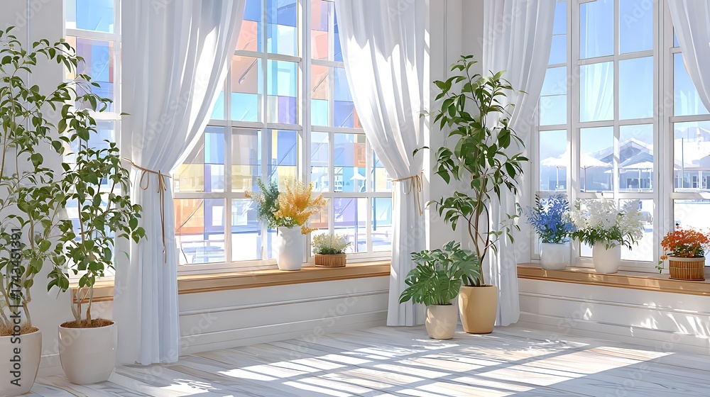 Fototapeta premium Bright and Serene Window with White Curtains in a Cozy Indoor Space