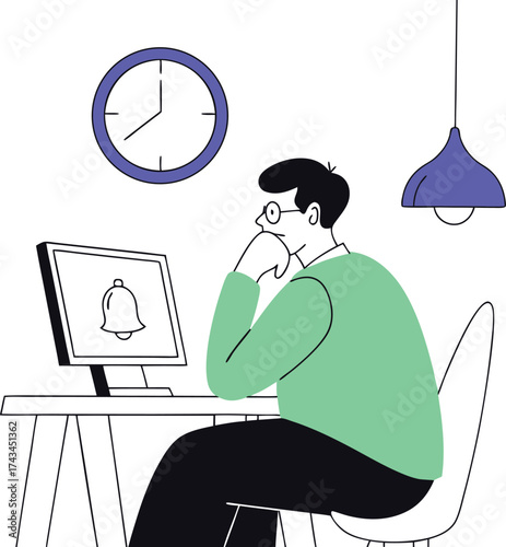 Man at desk waiting for notification on computer screen with clock and lamp overhead