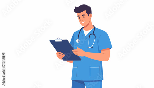 Friendly male nurse reviewing patient charts with a stethoscope in blue scrubs, showcasing compassionate healthcare and dedication to wellness in a modern style