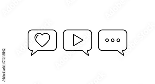Social media icons for likes, play, and messages in speech bubbles