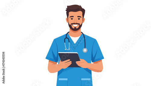 Friendly male nurse with a stethoscope holding a tablet, ready to provide care and support in a modern medical setting, bringing professionalism and trust
