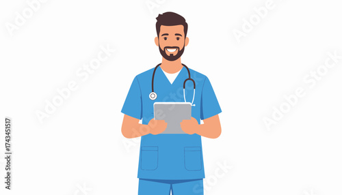 Modern healthcare professional using tablet for patient care, a friendly male nurse delivering online consultation and providing telemedicine assistance now