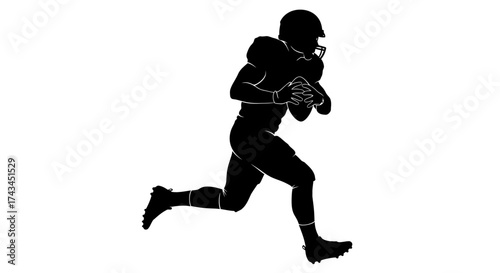 Athletic football player in silhouette running with ball on white background