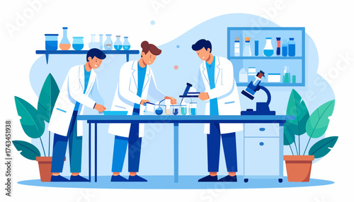 Innovative lab team conducts research with microscope, fostering scientific collaboration and discovery, ready for medical breakthroughs and biotech advancements
