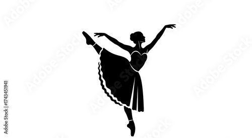 Elegant ballerina silhouette gracefully performing a dance move on a white background.
