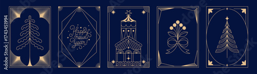 Vector Christmas and New Year design templates for advent calendars, greeting cards, packaging, prints, banners, and minimal graphics in a linear style