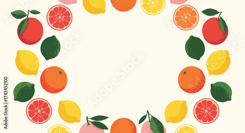 Vibrant citrus fruit frame with whole and sliced oranges, lemons, limes, and grapefruits, showcasing a colorful flat illustration.