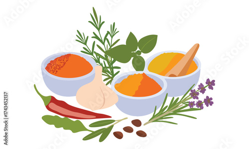 Colorful Spice and Herb Illustration – Chili, Garlic, Basil, and Seasoning Bowls