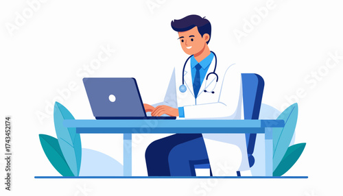Modern doctor using laptop for telehealth appointments, providing medical advice and prescriptions online with friendly, professional service for patients
