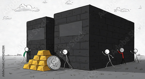 Tariffs Block Gold and Coin with Stick Figures