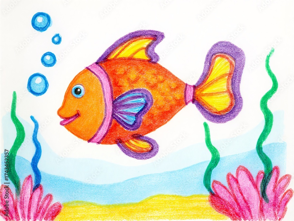Fototapeta premium A child's colored pencil drawing of a tropical fish underwater.