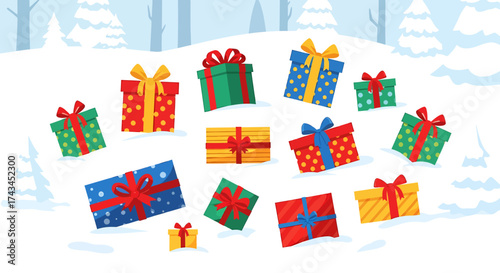 Assortment of Colorful Christmas Gift Boxes with Ribbons and Bows.