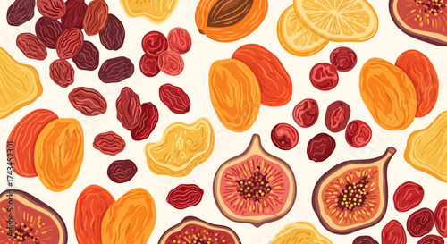 Assortment of colorful dried fruits including figs, apricots, cranberries, and raisins, showcasing natural textures.