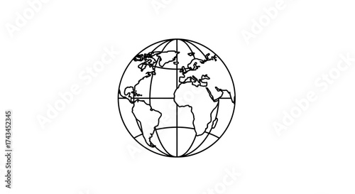 Simple line drawing of a globe with continents clearly outlined on a white background.