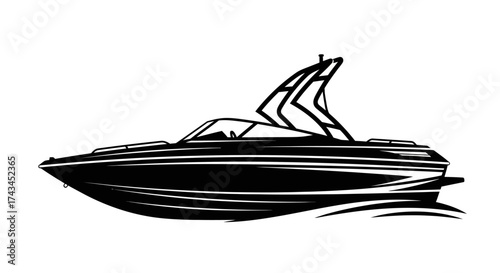 Sleek modern speed boat cutting through water with energetic wake