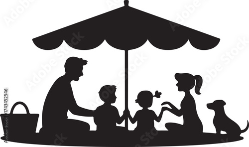 Silhouette of a family with a dog having a picnic under a large umbrella shade shelter