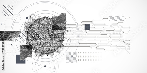 Technological art. Combination of sphere with technological lines and circles in one illustration.