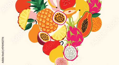 Colorful Tropical Fruit Heart - Pineapple, Papaya, Passion Fruit, Dragon Fruit, Mango, Pear, and More.