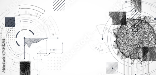 Technological art. Combination of sphere with technological lines and circles in one illustration.