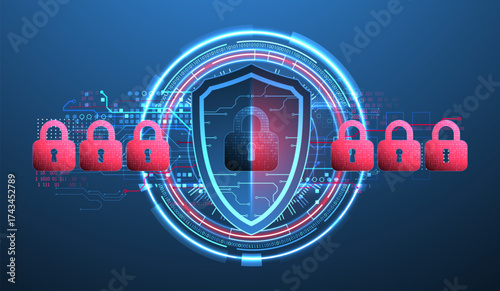 Abstract technological background on the topic of information protection. Various technological elements with padlocks inside which is a digital code.
