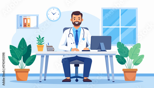 Friendly doctor in a modern clinic office wearing a white coat and stethoscope, ready to consult patients with a warm smile