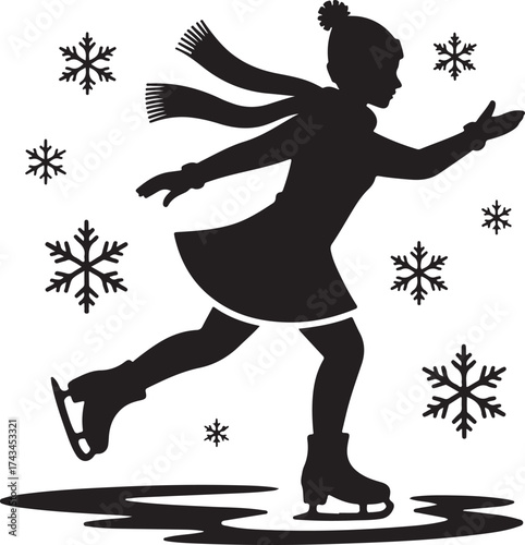 Silhouette of a figure ice skating with snowflakes falling around winter