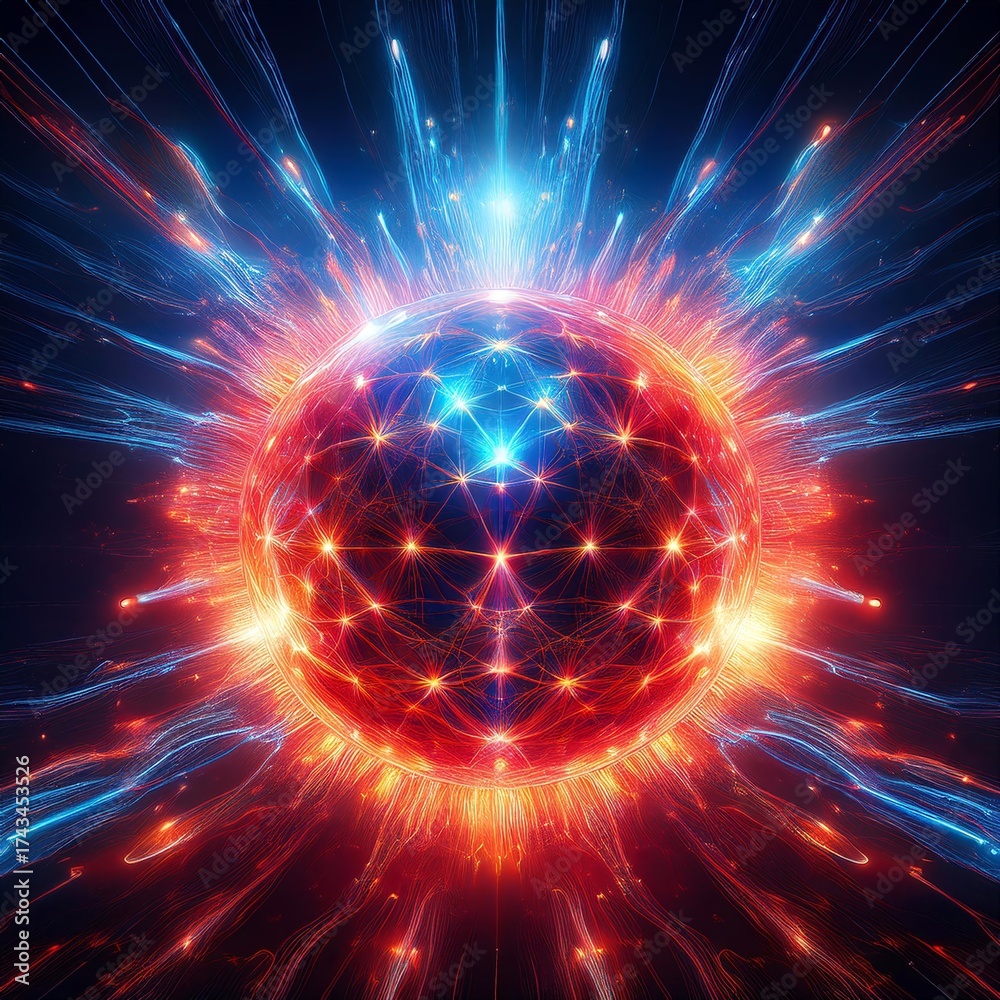 Fototapeta premium A glowing orb bursts with energy, showcasing an intricate network of light. The vibrant color palette evokes a sense of power and the interconnectedness of an unseen force. Hints of connection, techno