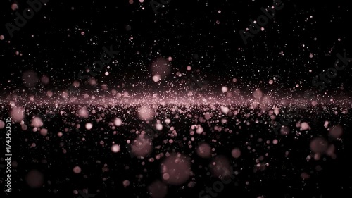 A dark backdrop illuminated by a myriad of pink light particles, creating a luminous atmosphere