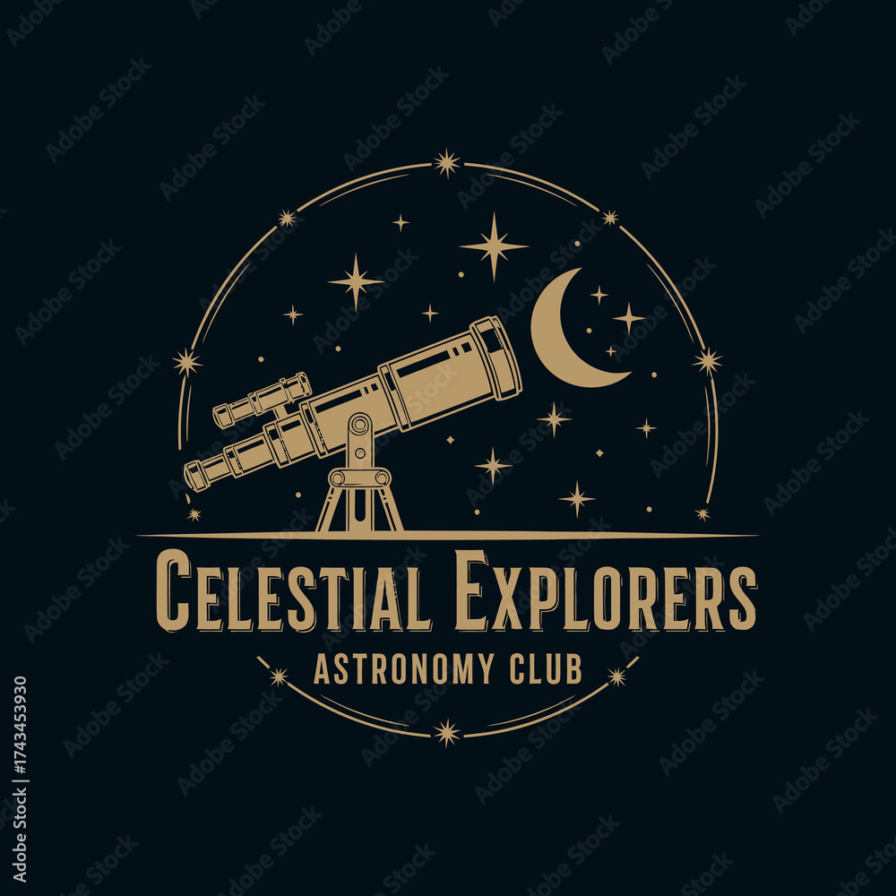 Naklejka premium Vintage Celestial Explorers Astronomy Club logo with telescope and stars.