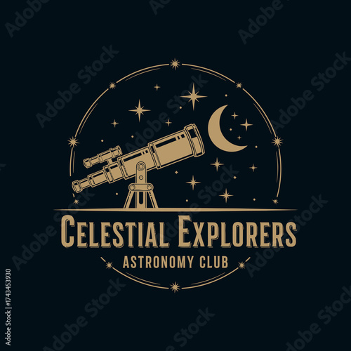 Vintage Celestial Explorers Astronomy Club logo with telescope and stars.
