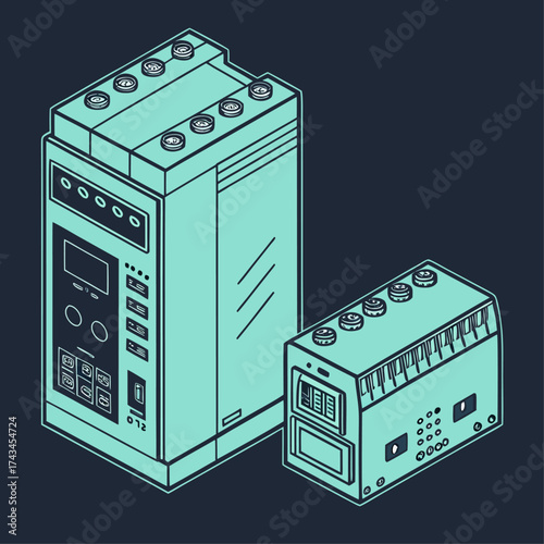 Industrial PLC equipment in isometric view showing programmable controller, wiring, relays, and connected devices for factory automation and training visuals.