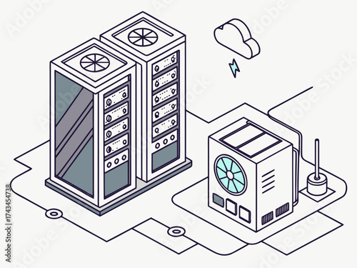 AI-driven data center depicted in isometric vector, highlighting high-performance servers, chilled cooling system, and reliable electricity for chatbot applications.