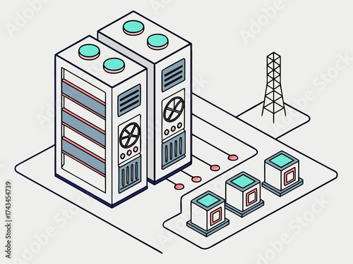 AI-driven data center illustration in isometric view featuring server racks, power supply, cooling units, and essential infrastructure for chatbot services.