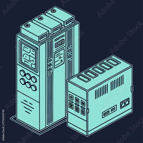 Basic programmable logic controller setup depicted in isometric vector style with equipment layout, suitable for industrial automation, education, and schematics.